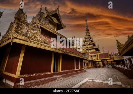 The Mandalay Royal Palace of the last Burmese monarchy in Myanmar. Mandalay Palace is a primary symbol of Mandalay and a major tourist destination. Stock Photo