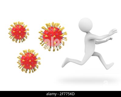 3D illustration of a cartoon man running from viruses - Corona virus chasing man Stock Photo