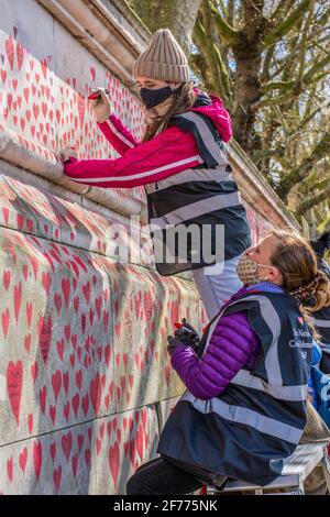 Volunteers paint red hearts on the National Covid Memorial Wall in London. The National Covid Memorial Wall in London outside St Thomas' Hospital is being hand-painted with 150000 hearts to honor UK Covid-19 victims. (Photo by Pietro Recchia / SOPA Images/Sipa USA)