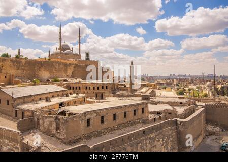 Day shot of Great Mosque of Muhammad Ali Pasha - Alabaster Mosque - located in the Citadel of Cairo in Egypt, commissioned by Muhammad Ali Pasha, one of the landmarks and tourist attractions of Cairo Stock Photo