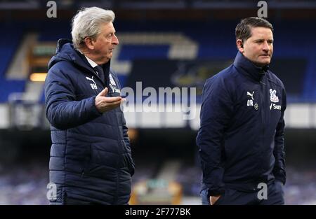 Crystal Palace manager Roy Hodgson (left) and first team coach Dave Reddington at halftime during the Premier League match at Goodison Park, Liverpool. Issue date: Monday April 5, 2021. Stock Photo