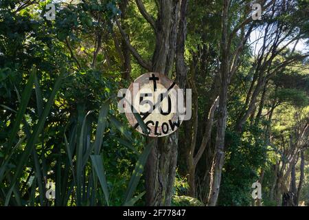 Waiheke Island, New Zealand. Unofficial road sign Stock Photo