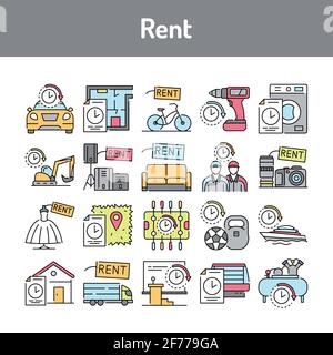 Rent line icons set. Isolated vector element. Outline pictograms for web page, mobile app, promo. Editable stroke. Stock Vector
