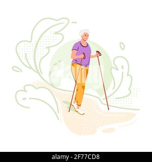 Elderly woman is engaged in Nordic walking in nature green background. Fitness for pensioner. Active lifestyle care old person. Sport in park outside Stock Vector