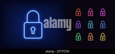 Neon closed lock icon. Glowing neon lock sign, outline padlock silhouette in vivid colors. Personal data protection, cyber security, reliable storage Stock Vector