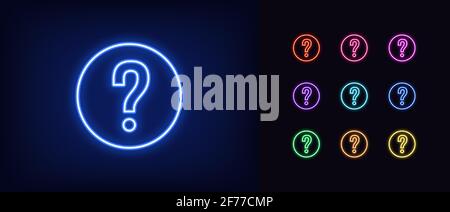 Neon question mark icon. Glowing neon question sign, outline query silhouette in vivid colors. Chat of support service, FAQ, get answer and advice. Ve Stock Vector
