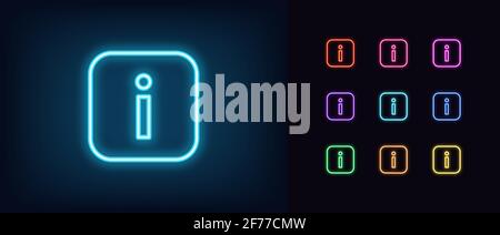 Neon info icon. Glowing neon information sign, outline inform silhouette in vivid colors. Online info center, help desk, information support service, Stock Vector