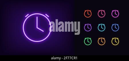 Neon time icon. Glowing neon clock sign, outline alarm silhouette in vivid colors. Time management, schedule planning, work hours, timeline and deadli Stock Vector