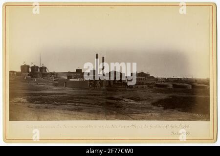 Overview of the limited company brothers Nobel's petroleum factory. Baku 1883. (More text can be found on the back of the photograph) .Fotography is available in red cardboard with the text - Pictures from some plant in Nafta production share companies Nobel brothers. Stock Photo