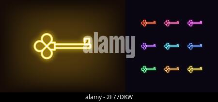 Neon key icon. Glowing neon key sign, outline magic clue, silhouette in vivid colors. Golden skeleton key, fairy master latchkey, magic quest room, se Stock Vector
