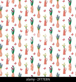 Pattern with clay ceramic vases, flowers and butterflies.  Stock Vector