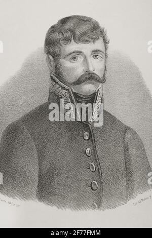 Juan Martin Diez, known as El Empecinado (Castrillo de Duero, 1775-Roa, 1825). Leader of Spanish guerrillas against French troops in 1808. Illustration by Llanta. Lithography. Crónica General de España, Historia Ilustrada y Descriptiva de sus Provincias. Castilla-La Vieja, 1870. Stock Photo