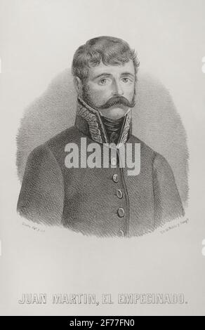 Juan Martin Diez, known as El Empecinado (Castrillo de Duero, 1775-Roa, 1825). Leader of Spanish guerrillas against French troops in 1808. Illustration by Llanta. Lithography. Crónica General de España, Historia Ilustrada y Descriptiva de sus Provincias. Castilla-La Vieja, 1870. Stock Photo