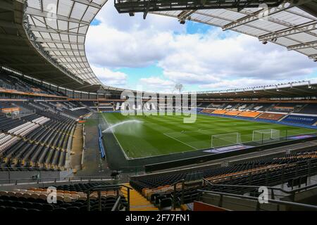 KINGSTON UPON HULL, UK. APRIL 5TH: a pre game photo of the KC Stadium during the Sky Bet League 1 match between Hull City and Northampton Town at the KC Stadium, Kingston upon Hull on Monday 5th April 2021. (Credit: Michael Driver | MI News) Credit: MI News & Sport /Alamy Live News Stock Photo