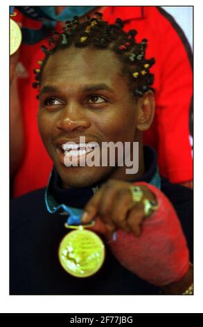 British Olympic Medalists arrive home at Heathrow airport....Audley Harrison Super Heavyweight Boxing. Stock Photo