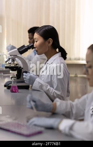 Asian young chemist working with microscope at the table while working in the lab Stock Photo