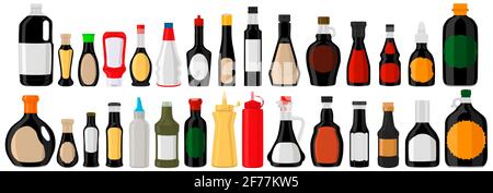 Illustration on theme big kit varied glass bottles filled liquid balsamic vinegar. Bottles consisting from balsamic vinegar, empty labels for titles. Stock Vector