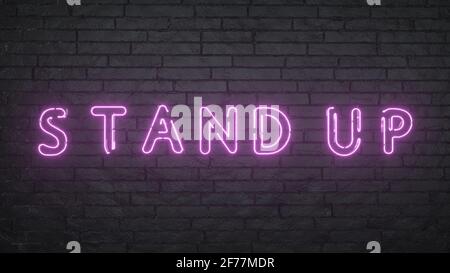 Glowing Stand Up emblem on black brick wall background. 3d illustration ...