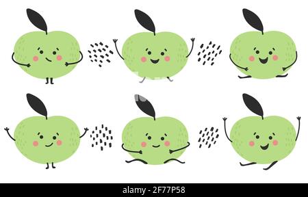 Hand drawn cute funny happy green apple set. Childish cheerful character. Healthy fruit collection. Sweet and tasty. Vector illustration Stock Vector