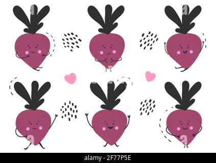 Hand drawn cute funny happy beet set. Childish cheerful character. Healthy vegetable collection. Vector illustration on white background Stock Vector