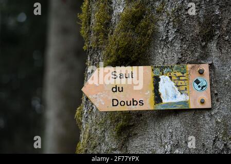 Switzerland, Neuchatel canton, Les Brenets, Doubs river, Lac des Brenets or Lac de Chaillexon in France, footpath, Saut du Doubs sign on a tree Stock Photo