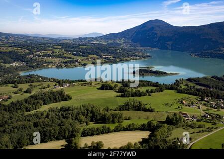 France, Savoie, before Savoyard country, the lake of Aiguebelette, general view of the lake, from the mountain of the Epine (1085m) Stock Photo