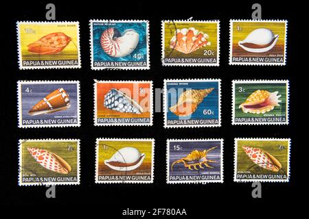 Papua New Guinea, Port Moresby, stamps, shells Stock Photo