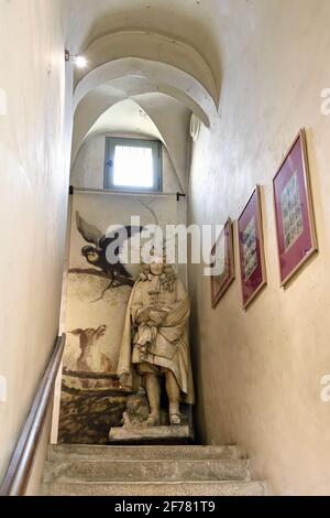 France, Aisne, Château-Thierry, Jean de La Fontaine Museum - city of Chateau-Thierry in the birthplace of the poet and writer, statue (19th century plaster) of Jean de La Fontaine by sculptor Gabriel Seurre in the grand staircase Stock Photo