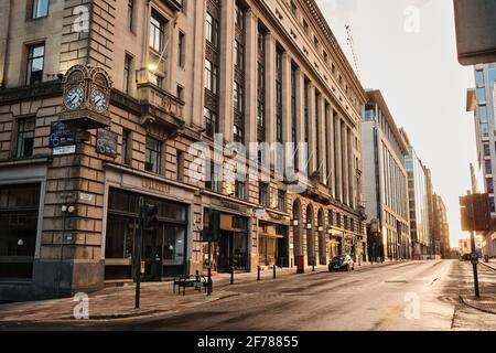 An empty Bothwell Street. The Scottish Legal Life Assurance Society architectural building. Glasgow City Centre. April 2021 Stock Photo