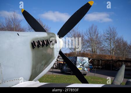 A classic view of the propeller and exhausts from a Spitfire Mk 1X on display at Goodwood Aerodrome Stock Photo