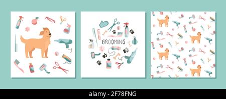 Set with design elements for animal grooming. Pet haircut in cartoon style. Golden Retriever and grooming products, shampoos, wire cutters, combs, scissors. Vector. Seamless pattern and cards Stock Vector