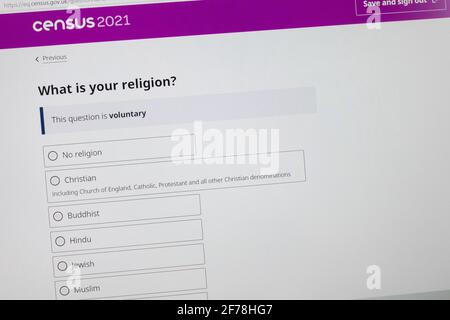 Question about religion on the UK Census 2021 online form Stock Photo