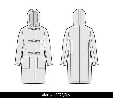 Clasp coat technical fashion illustration with long sleeves, hood, oversized body, patch pockets, knee length. Flat jacket template front, back, grey color style. Women, men, unisex top CAD mockup Stock Vector