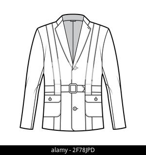 Norfolk jacket technical fashion illustration with belt, oversized ...