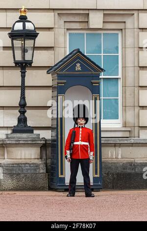Sentry of the Grenadier Guard outside Buckingham Palace in  London England United Kingdom UK Stock Photo