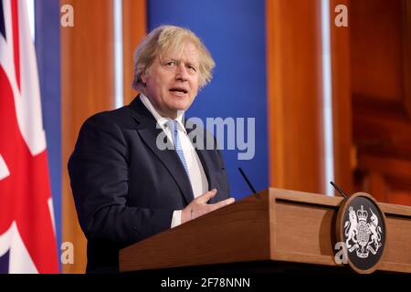 London, UK. 05th Apr, 2021. British Prime Minister Boris Johnson speaks at a virtual Downing Street press conference in London, Britain, on April 5, 2021. Johnson on Monday confirmed that from April 12, non-essential shops will reopen and pubs and restaurants will reopen outdoors as Britain moves to step two of the roadmap out of the COVID lockdown. (Pippa Fowles/No 10 Downing Street/Handout via Xinhua) Credit: Xinhua/Alamy Live News