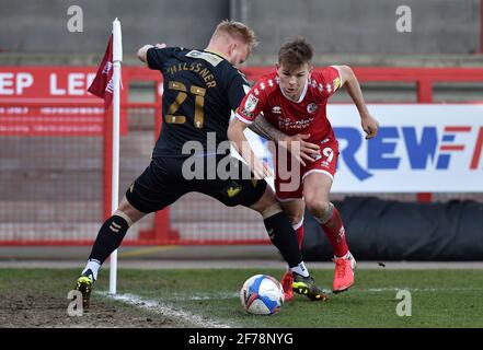 CRAWLEY, ENGLAND. APRIL 5TH Oldham Athletic's Marcel Hilssner tussles with Jake Hessenthaler of Crawley Town during the Sky Bet League 2 match between Crawley Town and Oldham Athletic at Broadfield Stadium, Crawley on Monday 5th April 2021. (Credit: Eddie Garvey | MI News) Credit: MI News & Sport /Alamy Live News Stock Photo