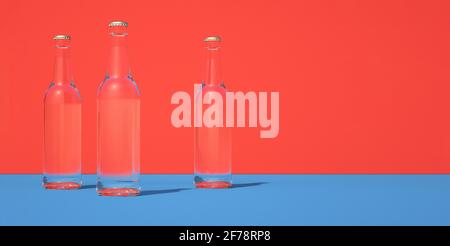 3D illustration of three glasses standing on blue board against red background. Transparent bottles and retro colors. Stock Photo