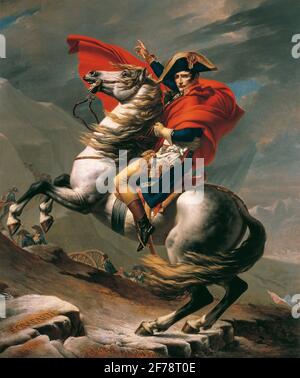 Bonaparte crossing the Grand-Saint-Bernard is an equestrian portrait of Napoleon Bonaparte then First Consul, produced by Jacques-Louis David between Stock Photo