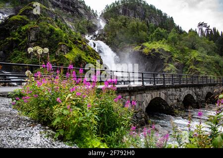 Latefossen Latefoss - one of the biggest waterfalls in Norway, with near stone bridge Stock Photo