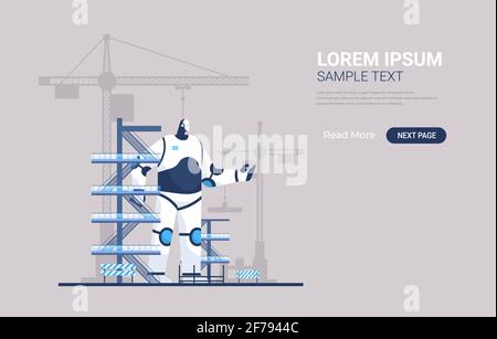 modern robot foreman engineer against construction site with building tower cranes artificial intelligence technology Stock Vector