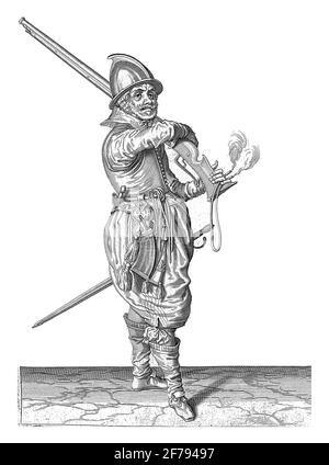 A soldier, full-length, to the right, who takes a rudder (a certain type of firearm) from his left shoulder with his right hand, vintage engraving. Stock Photo