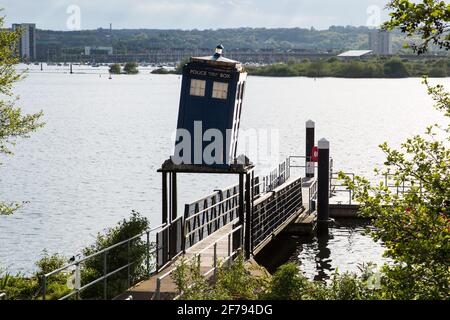 Cardiff, UK. 1st May, 2017. A Tardis from BBC science fiction television programme Doctor Who is pictured alongside Cardiff Bay. An exhibition of props, costumes and sets from Doctor Who opened in a 3000 square metre building in Porth Teigr on 20th July 2012. Credit: Mark Kerrison/Alamy Live News Stock Photo