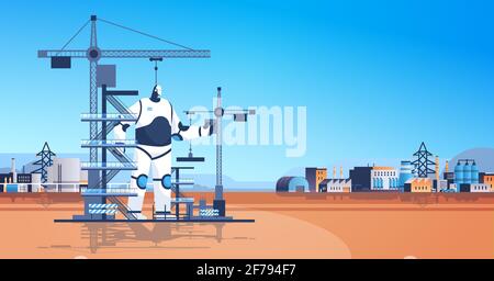modern robot foreman engineer against construction site with building tower cranes artificial intelligence technology Stock Vector