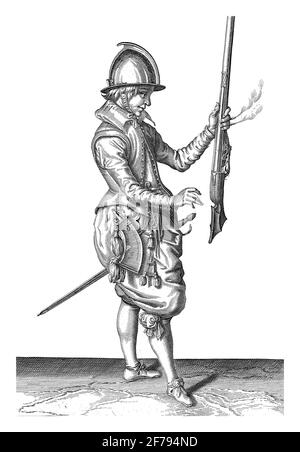 A Soldier, Full Length, to the Right , who is holding a rudder (a certain type of firearm), vintage engraving. Stock Photo