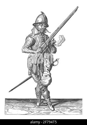 A soldier on guard, full-length, to the right, holding a rudder (a particular type of firearm), vintage engraving. Stock Photo