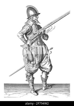 A soldier on watch, full-length, to the right, holding a rudder (a particular type of firearm), vintage engraving. Stock Photo