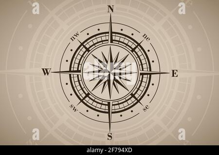 Compass rose or wind rose on brown vintage background Stock Vector