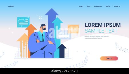 successful businessman with going up arrows growth success achievement leadership concept Stock Vector