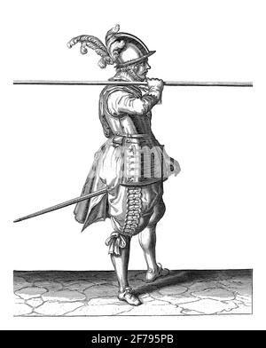 A Soldier, Full Length, to the Right , who wears a skewer (lance) horizontally on his right shoulder, vintage engraving. Stock Photo